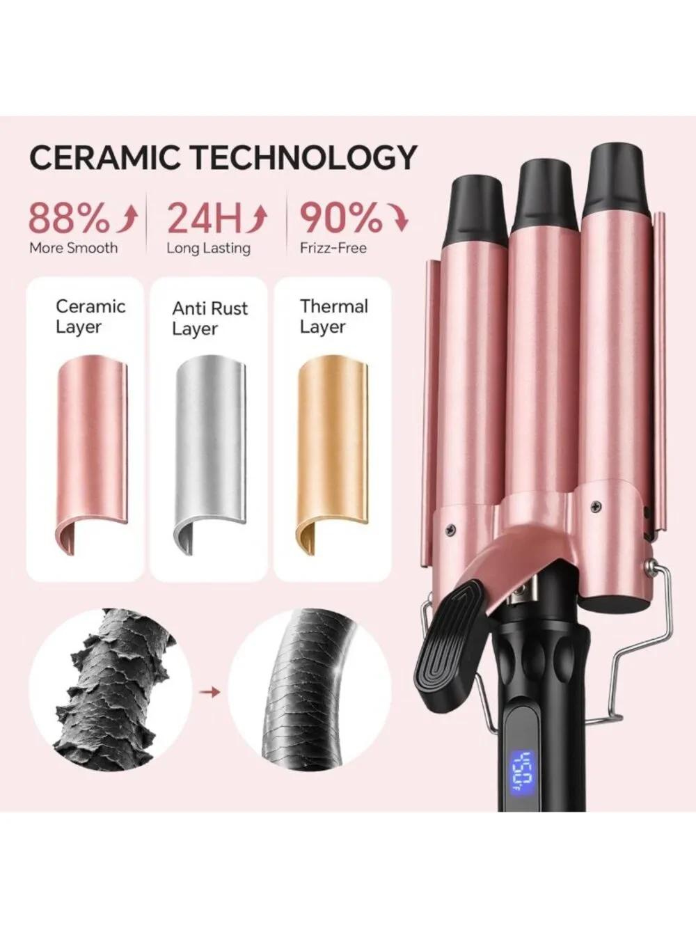Triple Barrel Curling Iron - 1 Inch Hair Waver Tool for Beach Waves, LCD